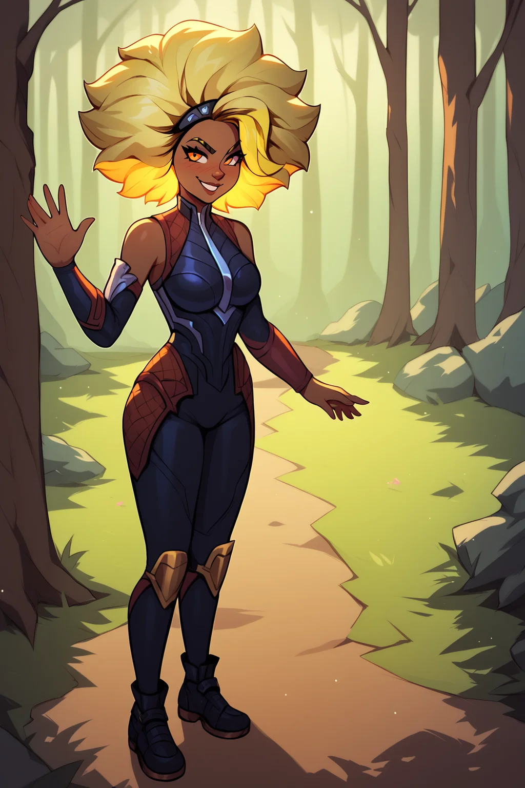 score_9, score_8_up, score_7_up, score_6_up, BREAK, RellLoLXL, dark skin, colored skin, orange eyes, blonde hair, yellow hair, afro, big hair, two-tone hair, medium breasts, armor, black bodysuit, detached sleeves, black elbow gloves, black pants, black shoes, solo, full body, standing, waving, seductive smile, looking at viewer, naughty face, nose blush, forest <lora:RellLoLXL:1>