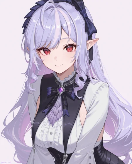 masterpiece, best quality, simple background, looking at viewer, smile,
1girl, vivianzzz, light purple hair, streaked hair, pointy ears, clothing cutout, 
<lora:vivian_il_v1:1>