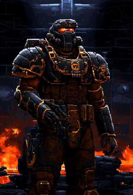 w1ngc0mmander, pixel art,
A formidable space marine commander in high-tech armor stands on a futuristic battlefield with distant explosions and alien structures. Heavy weaponry, metallic landscape, dark smoke, neon lights, extreme close-up, portrait, cyberpunk atmosphere.