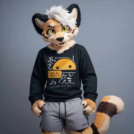score_9, score_8_up, score_7_up, score_6_up, furry, mikus-sona, fursuit, furry focus, furry style, furry costume, anthropomorphic, anthro, Ocelot in a black sweater and gray shorts, Boy, White-Hair++, 1boy, solo, dark yellow eyes, Tail tip Black 1boy, boy, Black-ears