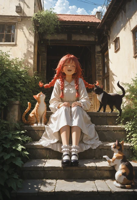 masterpiece, very awa, amazing quality, best quality, newest, highres, absurdres, 1girl, solo, red hair, twin braids, long hair, white dress, ^ ^, mary janes, frilled socks, looking at cat, hands on own knees, sitting on stairs, legs together, wide shot, stone stairs, outdoors, day, architecture, town, building, scenery, cat, cats, sky, clouds, patch, plants, greenery, foliage, oil painting \(medium\), painterly, <lora:NOOB_vp1_detailer_by_volnovik_v1:0.3> <lora:ponyv6_noobV1_2_adamW-000017:0.3> <lora:illustriousXL_stabilizer_v1.23:0.3> <lora:96YOTTEA-WAI:0.5> <lora:KonyaKarasue-000008:0.45>