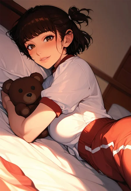 (score_9, score_8_up, score_7_up, score_6_up), dynamic angle, anime realism, UHD, beautiful, 8k, source_anime, (anime style:1.1), Semi-realism, 1girl, solo focus, sayu hisanuma, short hair, brown hair, brown eyes, two side up, medium breasts, on stomach, on bed, teddy bear hug, blush, happy, smile, gym uniform, (full body:1.2),
