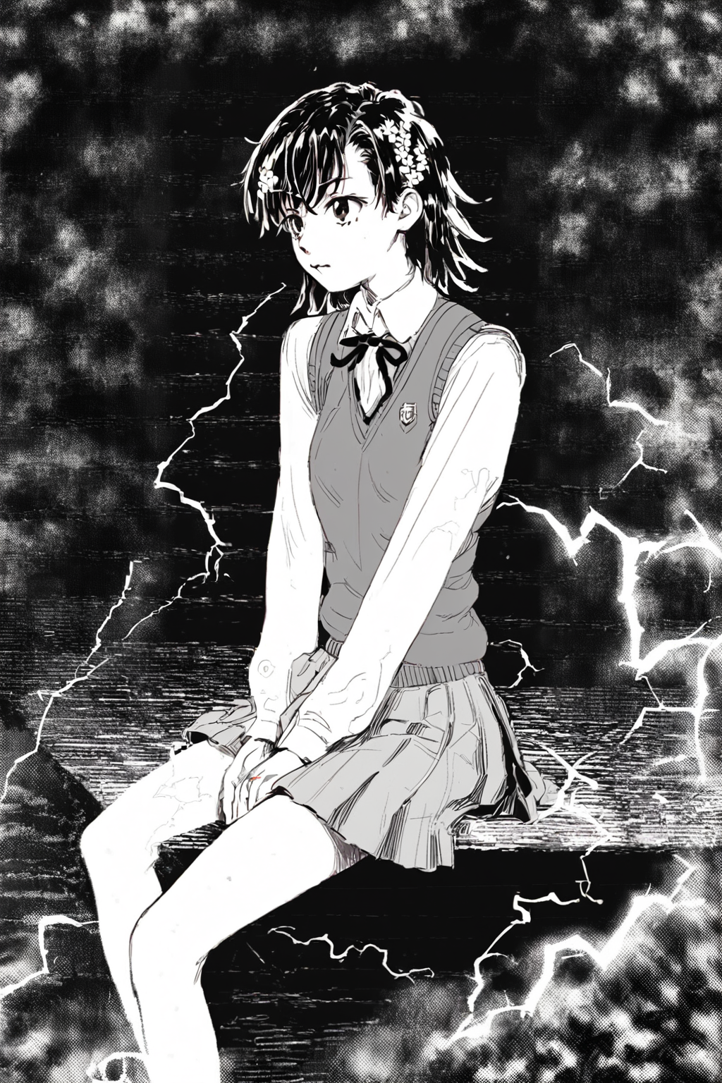 score_9, score_8_up, score_7_up, toaru majutsu no index, toaru kagaku no railgun, misaka mikoto, brown eyes, brown hair, brown sweater vest, electricity, emblem, flower, grey skirt, hair flower, hair ornament, medium hair, pleated skirt, railgun \(misaka mikoto\), school emblem, school uniform, shorts, shorts under skirt, skirt, summer uniform, sweater vest, tokiwadai school uniform, solo, solo focus, portrait, high contrast,dark,detailed background,wide shot, white background, Sitting on a window ledge, gazing outside., <lora:godiva_bw:1.3>, (monochrome:1.5), (greyscale:1.5)