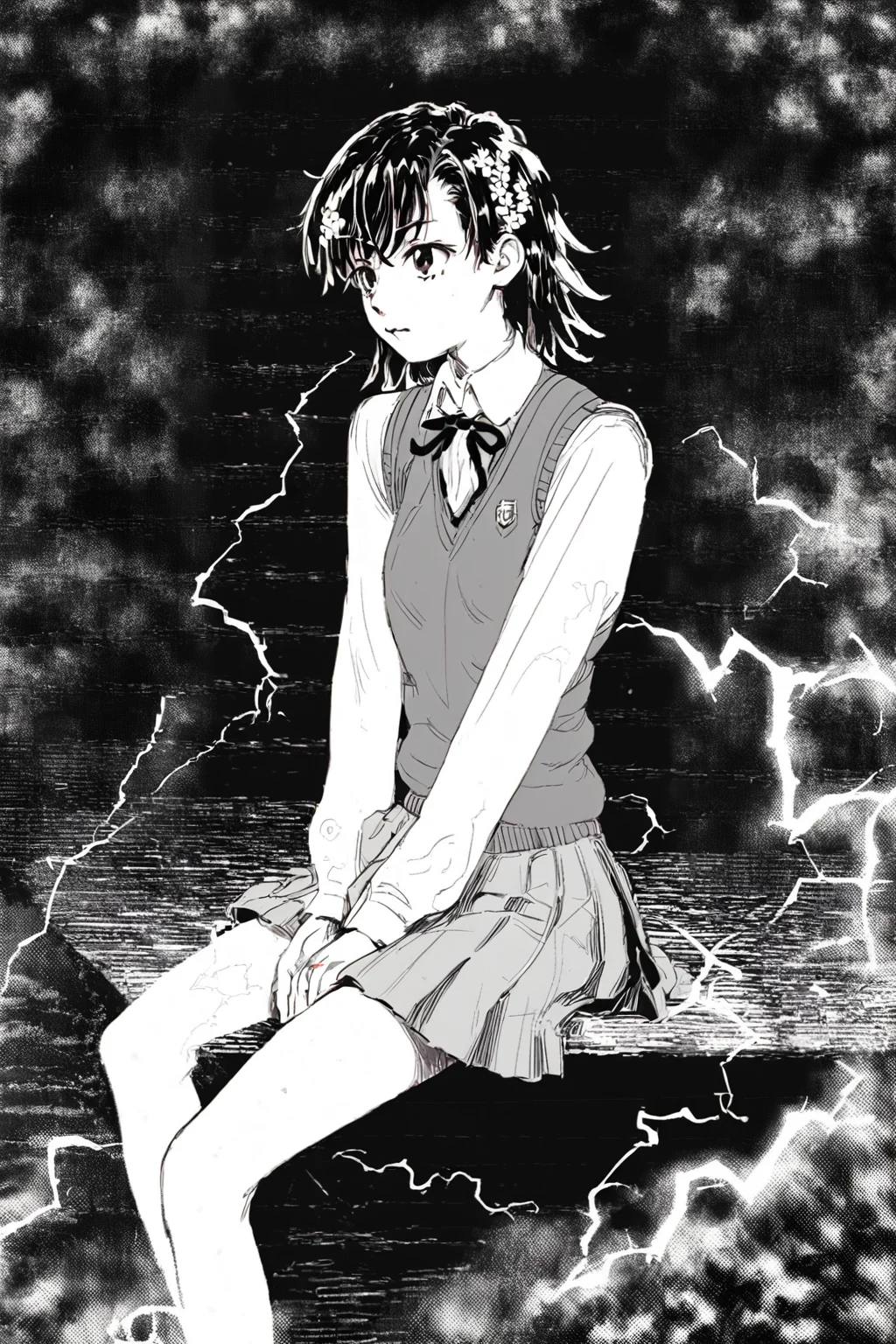 score_9, score_8_up, score_7_up, toaru majutsu no index, toaru kagaku no railgun, misaka mikoto, brown eyes, brown hair, brown sweater vest, electricity, emblem, flower, grey skirt, hair flower, hair ornament, medium hair, pleated skirt, railgun \(misaka mikoto\), school emblem, school uniform, shorts, shorts under skirt, skirt, summer uniform, sweater vest, tokiwadai school uniform, solo, solo focus, portrait, high contrast,dark,detailed background,wide shot, white background, Sitting on a window ledge, gazing outside., <lora:godiva_bw:1.3>, (monochrome:1.5), (greyscale:1.5)