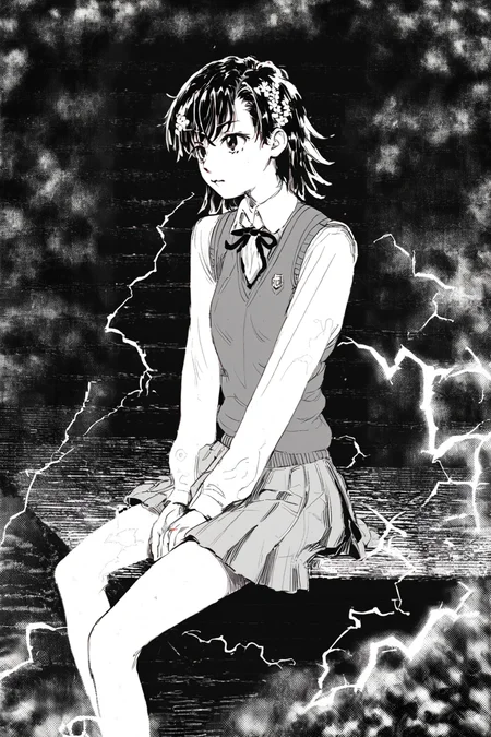 score_9, score_8_up, score_7_up, toaru majutsu no index, toaru kagaku no railgun, misaka mikoto, brown eyes, brown hair, brown sweater vest, electricity, emblem, flower, grey skirt, hair flower, hair ornament, medium hair, pleated skirt, railgun \(misaka mikoto\), school emblem, school uniform, shorts, shorts under skirt, skirt, summer uniform, sweater vest, tokiwadai school uniform, solo, solo focus, portrait, high contrast,dark,detailed background,wide shot, white background, Sitting on a window ledge, gazing outside., <lora:godiva_bw:1.3>, (monochrome:1.5), (greyscale:1.5)
