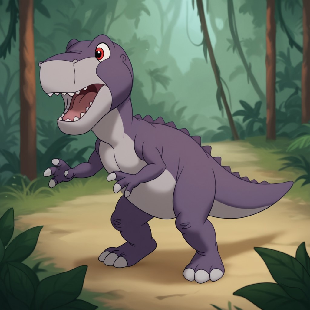 score_9, score_8_up, score_7_up, score_6_up, score_5_up, score_4_up, source_furry, Chomperlbttv, feral, male, Tyrannosaurus rex, dinosaur, scalie, purple skin, red eyes,  jungle, roaring, open mouth