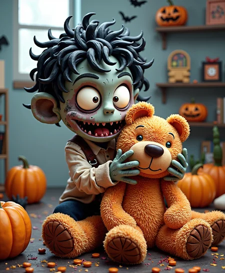 cute and creepy, a zombie kid in kindergarten playing with his teddy, adorable, halloween theme