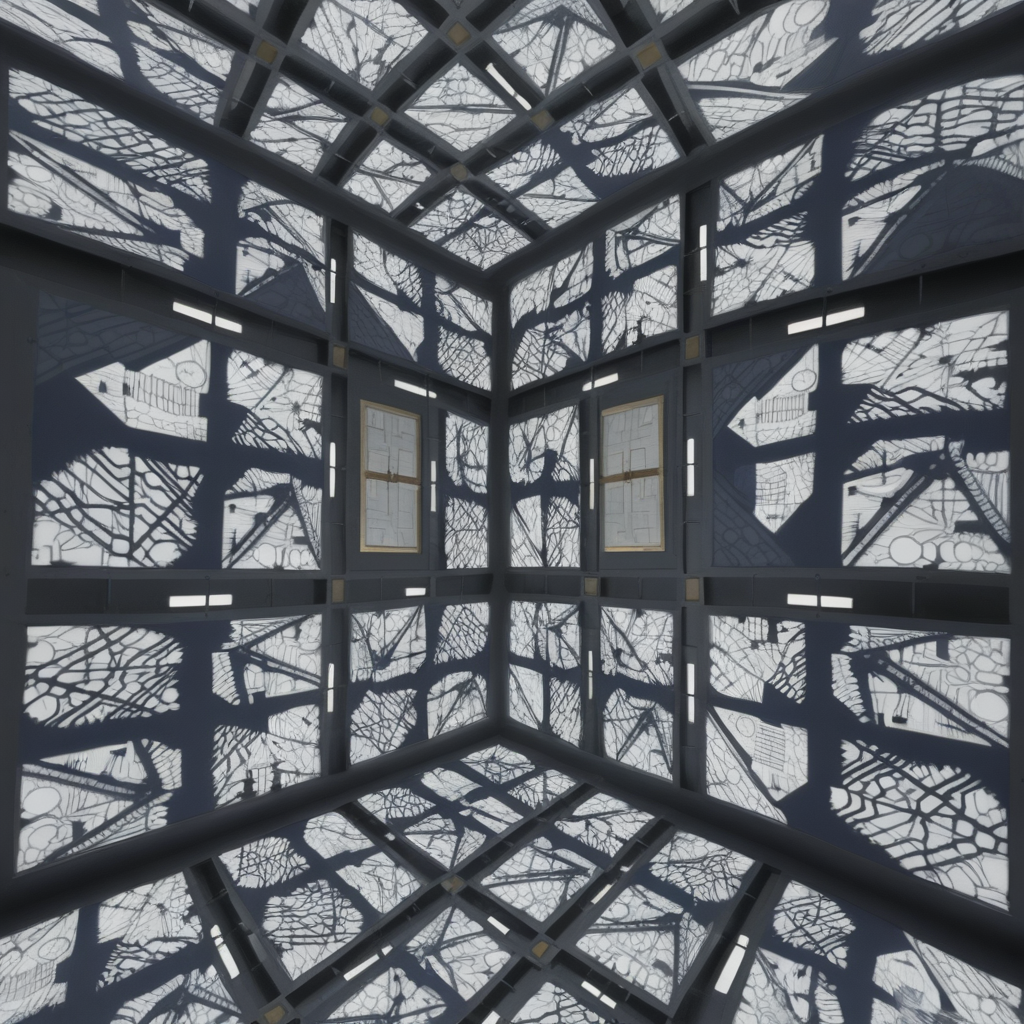 cpollcubemovie, cpollcubewhite, full room, wide view, frontal view, symmetrical layout, geometric patterns, glowing walls, sterile environment, isolated feeling, closed hatch, "A 5x5x5 meter white room viewed from a wide perspective. The room is shown from a POV angle looking straight into the space with no people visible. The room has an identical, symmetrical layout on all sides, with geometric patterns on the walls. In the center of each wall is a closed, square metal hatch. The walls feature a glowing effect with soft white lighting, creating a sterile environment and a sense of isolation."