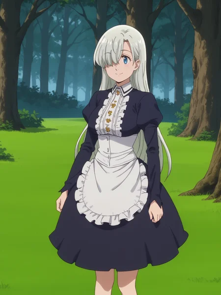 score_9, score_8_up, score_7_up, score_6_up, score_5_up, score_4_up, rating_questionable, source_anime, zPDXL, zPDXLxxx BREAK cowboy shot, elizabeth liones, 1girl, solo, hair over one eye, silver hair, long hair, blue eyes, wearing black dress, maid, apron, looking at viewer, smile, closed mouth, outdoors, forest, trees <lora:Elizabeth_Liones_from_Seven_Deadly_Sins_ALL_OUTFITS_FIRST_SEASON:1>