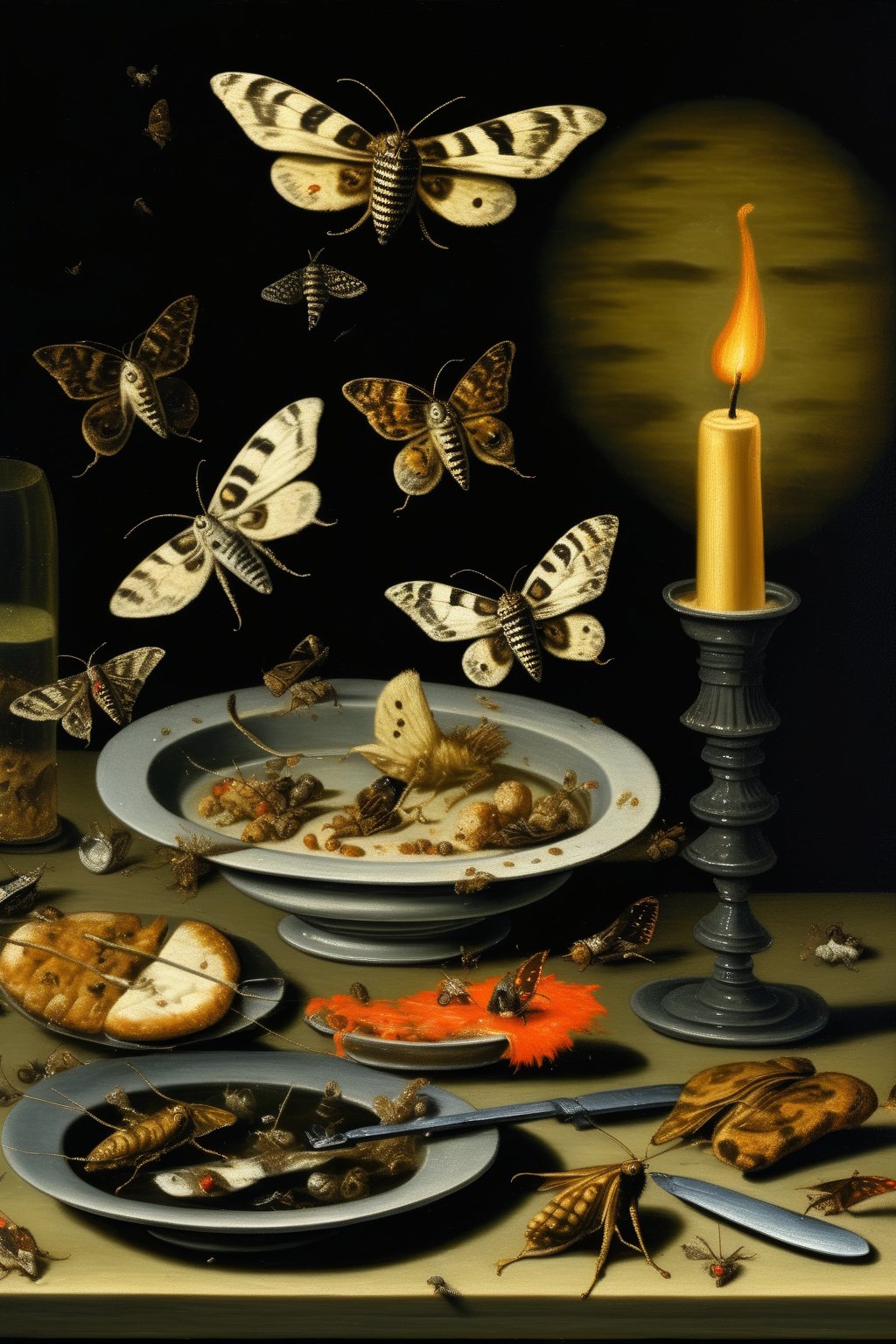 <lora:Pieter Claesz Style:1>Pieter Claesz Style - a still life oil painting of a dinner table with focus on moth flying towards a candle flame and another moth falling and burning in the style of Clara Peeters oil painting, no background and flat colours