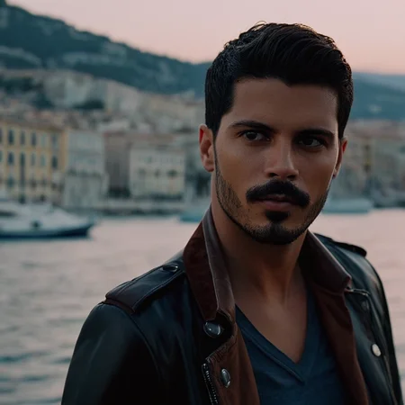UHD, 4k, ultra detailed, cinematic, a photograph of <lora:detailed:0.2> 
<lora:perfection style:0.2>
<lora:Ron Fricke style:0.2>
 <lora:Gomorra - La serie style:1>
Set in Naples in the 2010s Salvatore Esposito Genny Savastano a man standing in front of a boat in the water,solo,looking at viewer,short hair,black hair,1boy,brown eyes,jacket,upper body,male focus,outdoors,blurry,blurry background,facial hair,beard,realistic,mustache,watercraft,very short hair,leather , cinematic, kodak, Gomorra - La serie, epic, beautiful lighting, inpsiring