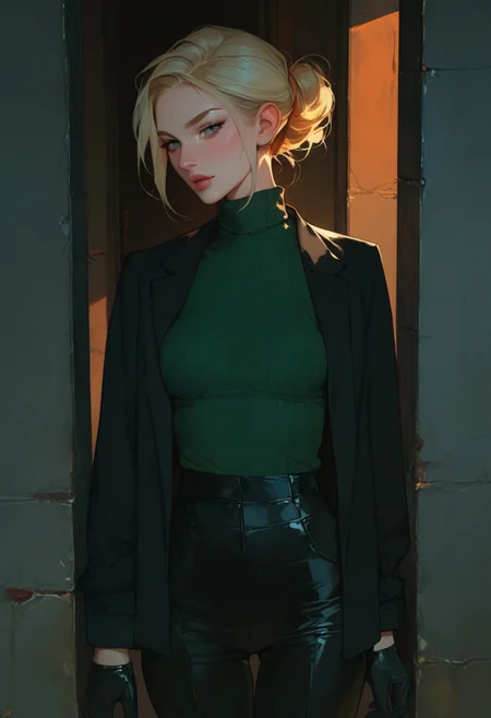 score_9, score_8_up, score_7_up, score_6_up, score_5_up, score_4_up, turtleneck sweater, black sweater, pale skin, semi-realism, medium breasts, tight clothes, dark narrow corridor, black latex gloves, formal suit, black suits, blonde hair, great artist, 8k, black formal jacket, shadows, cinematic scene,