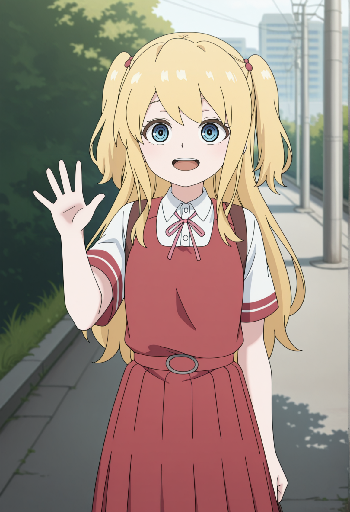 1girl, 1girl, blonde hair, blue eyes, long hair, two side up, solo, red school uniform, waving, outdoors, cowboy shot,   <lora:Nodoka_otome_kai:1>, masterpiece, best quality, amazing quality, very aesthetic, absurdres, highres, newest