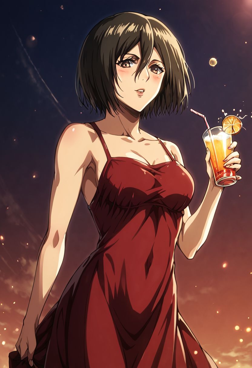 1girl, solo, Mikasa Ackermann, attack on titan, at a party, beautiful face, detailed eyes, detailed face, anime eyes, red night dress, holding a drink, drunk expression,