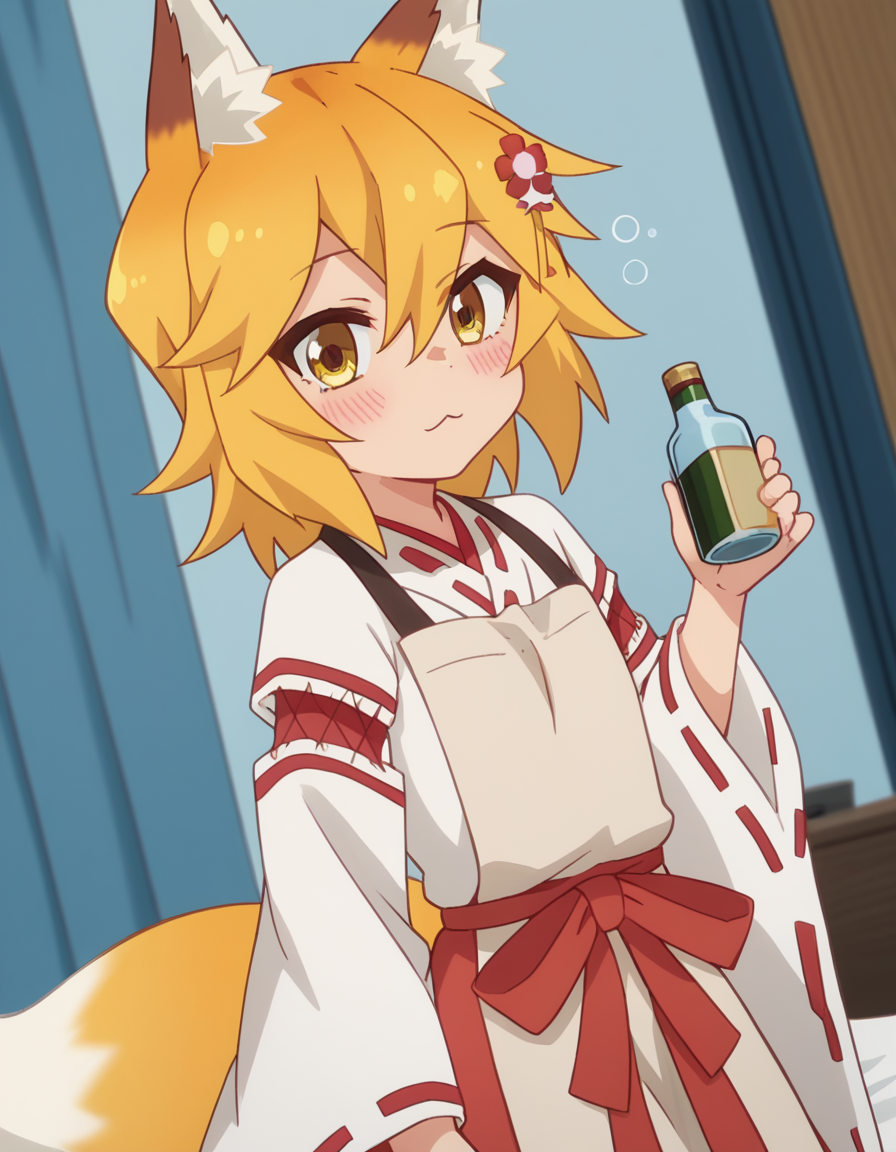 score_9, score_8_up, score_7_up, source_anime,
kitsunesenko, <lora:kitsune-senko-s1-ponyxl-lora-nochekaiser:1>,
senko, bangs, blonde hair, hair ornament, animal ears, hair between eyes, yellow eyes, flower, hair flower, animal ear fluff, fox ears, red flower, fox girl,
long sleeves, tail, japanese clothes, wide sleeves, kimono, apron, ribbon trim, hakama, hakama skirt, ribbon-trimmed sleeves, white kimono, miko, brown apron,
indoors, bed, bed room, on side, blush, drunk,
solo, dutch angle, looking at viewer, cowboy shot,