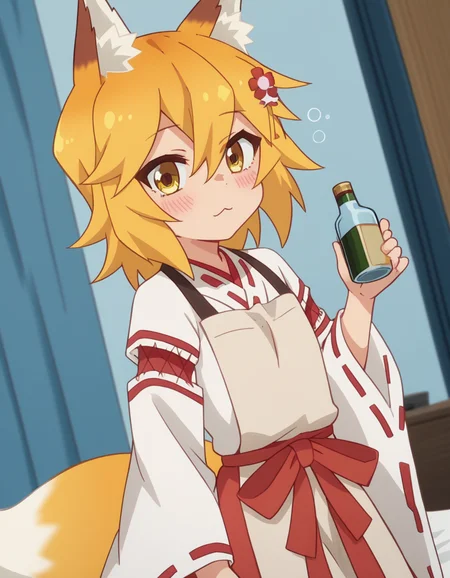 score_9, score_8_up, score_7_up, source_anime,
kitsunesenko, <lora:kitsune-senko-s1-ponyxl-lora-nochekaiser:1>,
senko, bangs, blonde hair, hair ornament, animal ears, hair between eyes, yellow eyes, flower, hair flower, animal ear fluff, fox ears, red flower, fox girl,
long sleeves, tail, japanese clothes, wide sleeves, kimono, apron, ribbon trim, hakama, hakama skirt, ribbon-trimmed sleeves, white kimono, miko, brown apron,
indoors, bed, bed room, on side, blush, drunk,
solo, dutch angle, looking at viewer, cowboy shot,