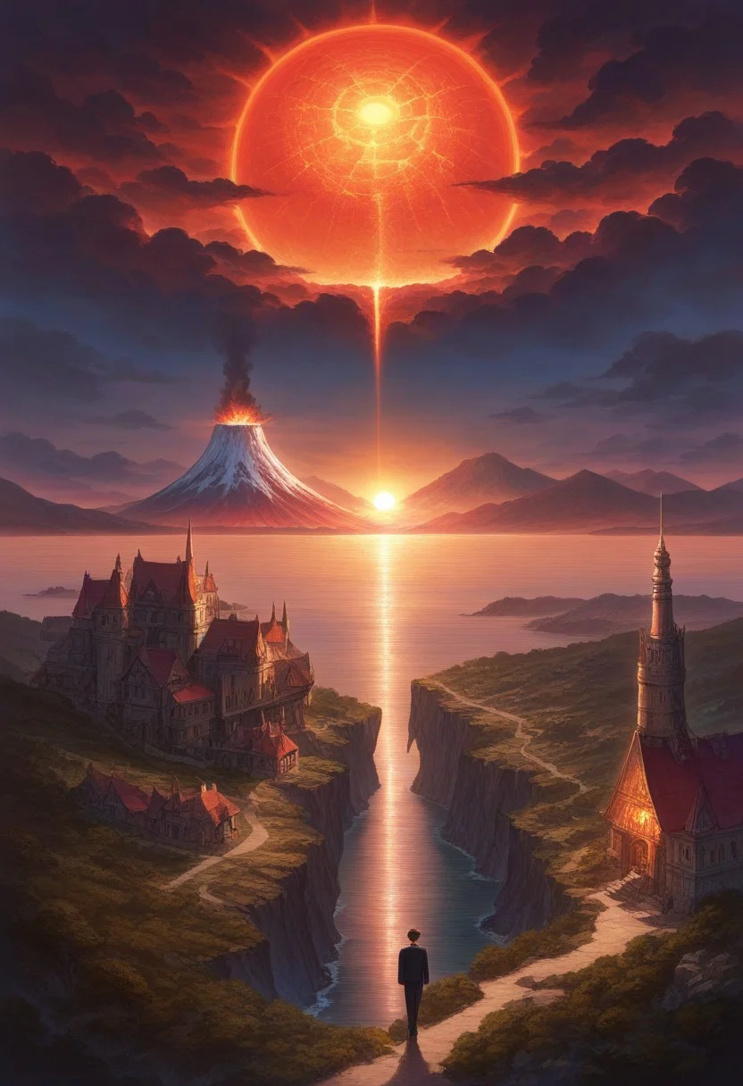 prefect lighting,very aesthetic,prefect hands,best quality,
intricate details,((highly detailed background)),(masterpiece:0.9),high quality, masterpiece,best quality,ultra-detailed, st_landscape, scenery, street, castle, volcano, sun, red sun, sea, cliff