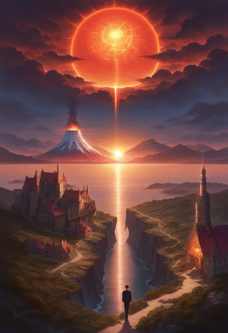 prefect lighting,very aesthetic,prefect hands,best quality,
intricate details,((highly detailed background)),(masterpiece:0.9),high quality, masterpiece,best quality,ultra-detailed, st_landscape, scenery, street, castle, volcano, sun, red sun, sea, cliff