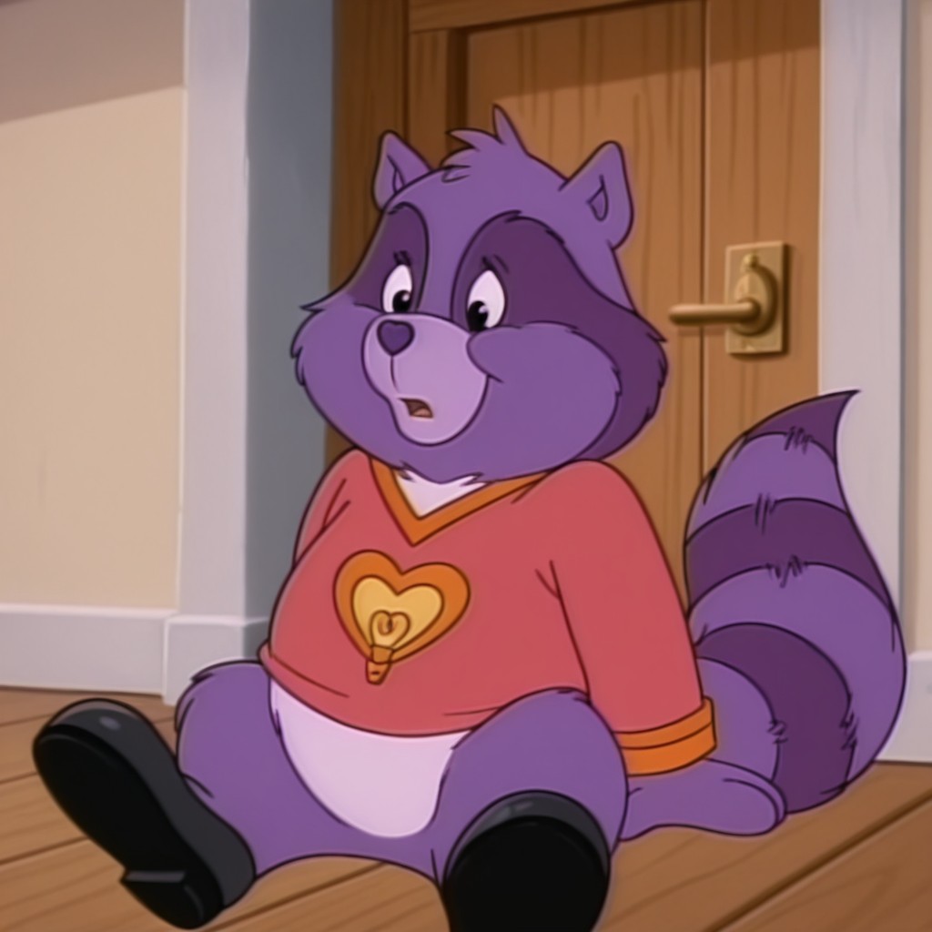 masterpiece, best quality, amazing quality,  brighthrtilv2, semi-anthro, male, raccoon_boy, purple fur, black eyes, tail, Pink shirt orange trim, black shoes, sitting, inside, , <lora:220638f1-d56e-4466-83d6-d936e1ea1de4:1.0>