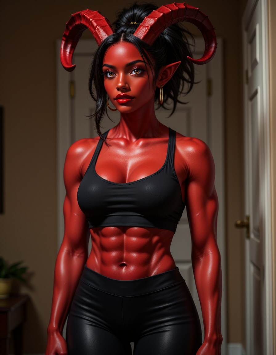 Jed-Tflng, brown eyes,  red lips,  tall muscular female Tiefling, large red curved horns, deep red skin , upper body portrait, interior,wearing black crop top and black leggings,   <lora:Tiefling_epoch_6:1>,