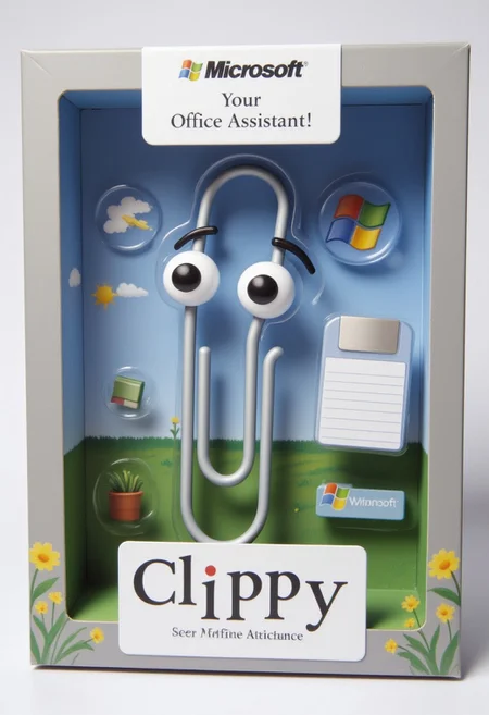 The image is a photograph of a boxed action figure from the "Clippy" line, featuring Clippy with big eyes. The action figure is displayed in a grey and white packaging that includes a cardboard backing with the image of a meadow on it, and a white label at the top featuring the "Microsoft" logo. Extra text: "Your Office Assistant!". Accessories include the Windows logo and a floppy disk.