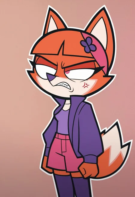 Score_9, score_8_up, score_7_up, solo, thick outline, black outline, Vivian, 1girl, solo, furry, furry female, fox ears, animal ears, bangs, blunt bangs, two-tone fur, tail, fox tail, shirt, hair ornament, thighhighs, open clothes, jacket, purple jacket, long sleeves, pink shorts. angry