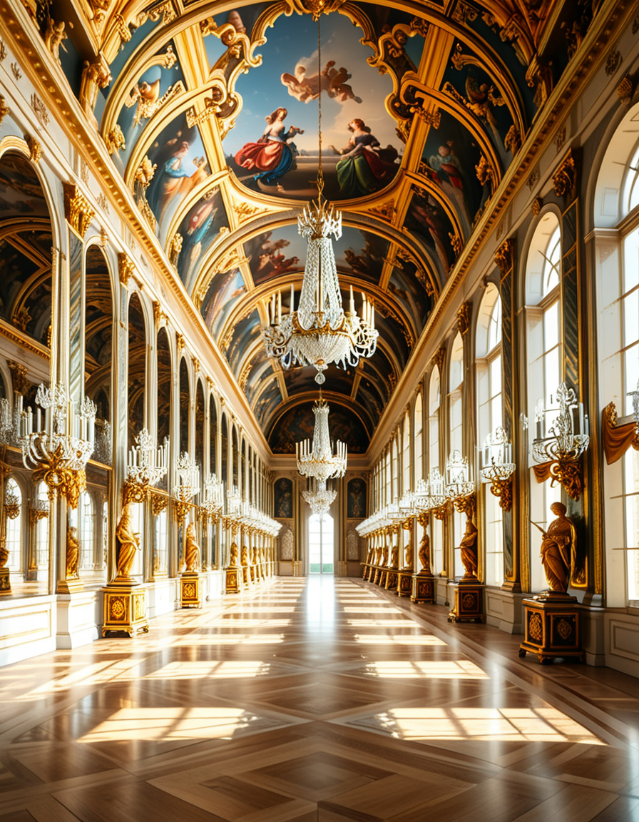 A breathtaking, photorealistic depiction of the Hall of Mirrors (Galerie des Glaces) at the Palace of Versailles in France, captured in golden afternoon light. The hall is grand and opulent, with a high arched ceiling painted with intricate Baroque frescoes. The walls are lined with tall arched mirrors on one side and large arched windows on the opposite side, flooding the space with natural light. Elegant crystal chandeliers hang from the ceiling, reflecting in the mirrors and sparkling with golden highlights. The marble floors are polished and gleaming, with rich, warm tones. Gilded statues and decorative elements frame the mirrors and doorways. The image style is ultra-detailed and photorealistic, with sharp textures and soft, warm lighting creating a majestic, timeless atmosphere. No people present, only the serene magnificence of the empty hall. Camera angle at eye level, centered down the hall, capturing the full length and symmetry of the space.
<lora:SDXLFaeTastic2400:0.4> <lora:extremely_detailed:0.4> extremely detailed,<lora:Hall_of_M1rr0rs:1>,Hall of M1rr0rs, Masterpiece,best quality,hi res,8k,hi res,8k,award winning,(sharp focus, intricate, highly detailed),