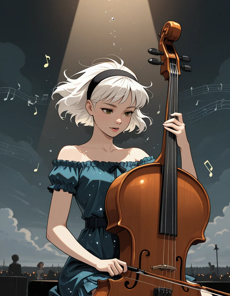 (masterpiece, best quality, ultra-detailed, absurdres, newest, detailed textures, correct anatomy, very aesthetic:1), <lora:Sinozick_style:0.25>, sinozick_illu, <lora:HadesCharacterArt-IL-V1.0:0.25>, hadescharacterartstyle-il-v1.0, <lora:WolfAmongUSStyle-IL.V1.0:0.25>, wolfamongusstyle-il.v1.0, <lora:Marvel_Ilu:0.25>, marvelrivals, 1girl, detailed_hands, elegant_fingers, subject_focus, depth_of_field, music_notes, upper body, twilight clouds, kaleidoscopic fragments, dissolving, mist, glass pixels, luminous brush strokes, spectral neon particles, angle_artsy_crop, singing, looking_down, playing double bass, sitting, floating hair, spotlight, music, music notes fragments, frilly_dress, off_the_shoulder , <lora:SabrinaIllustrious1.0JLFO:0.7>, sabrina, white hair, short hair, black hairband, brown eyes
