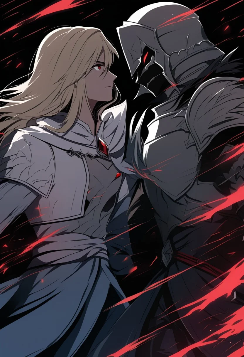 male knight without helmet and enemy female assassin, side by side confrontation, love theme