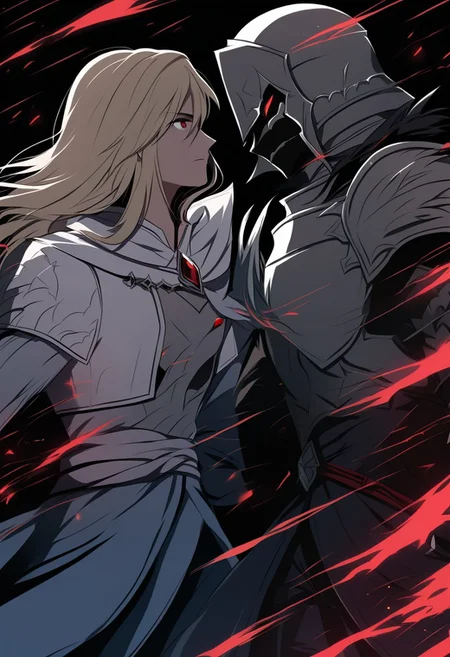male knight without helmet and enemy female assassin, side by side confrontation, love theme