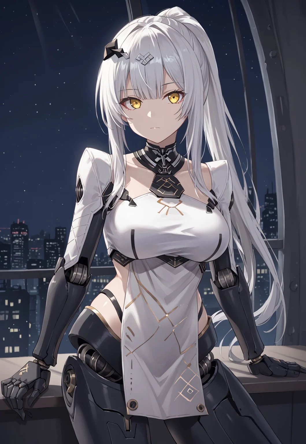 NytoTeal, long hair, bangs, white hair, yellow eyes, large breasts, hair ornament, ponytail, black gloves,  sidelocks, mechanical arms, collarbone,   pelvic curtain, white tube top, crop top, white dress, robot joints, mechanical legs,

looking at viewer, closed mouth, head tilt, 

indoor, window, city, neon lights, dark, night, night sky, 

1girl, solo, solo focus, highres, absurdres, light particles, backlighting, shade, lens flare, shiny skin, fine fabric emphasis,