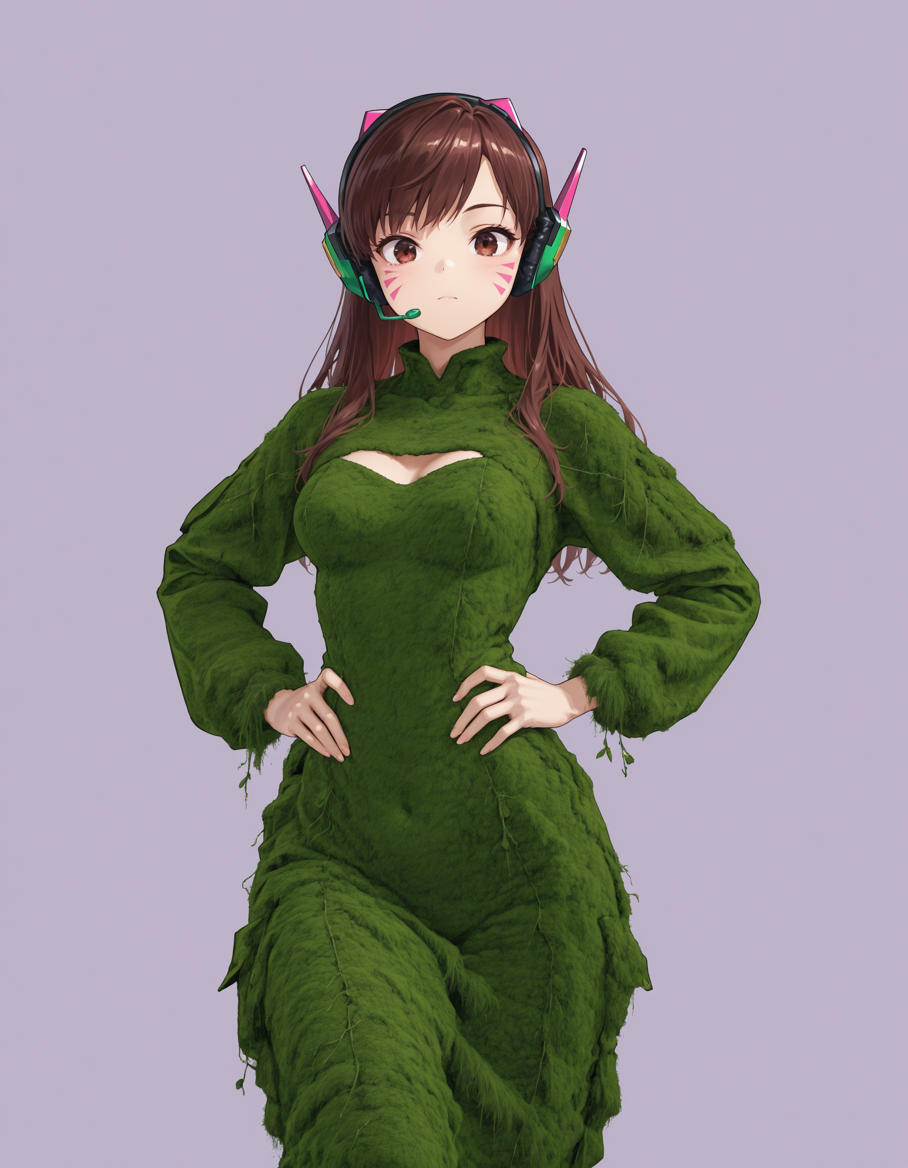 [Base Prompt] 1girl, d.va, face markings, headset, green jumpsuit, hands on hips, looking at viewer, simple background, cowboy shot, masterpiece, best quality, amazing detail, high definition // [Regional Prompting] [Region 1] moss dress, skintight, [Lora "mossdressILL.safetensors"]