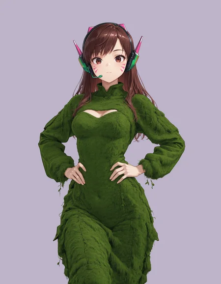 [Base Prompt] 1girl, d.va, face markings, headset, green jumpsuit, hands on hips, looking at viewer, simple background, cowboy shot, masterpiece, best quality, amazing detail, high definition // [Regional Prompting] [Region 1] moss dress, skintight, [Lora "mossdressILL.safetensors"]