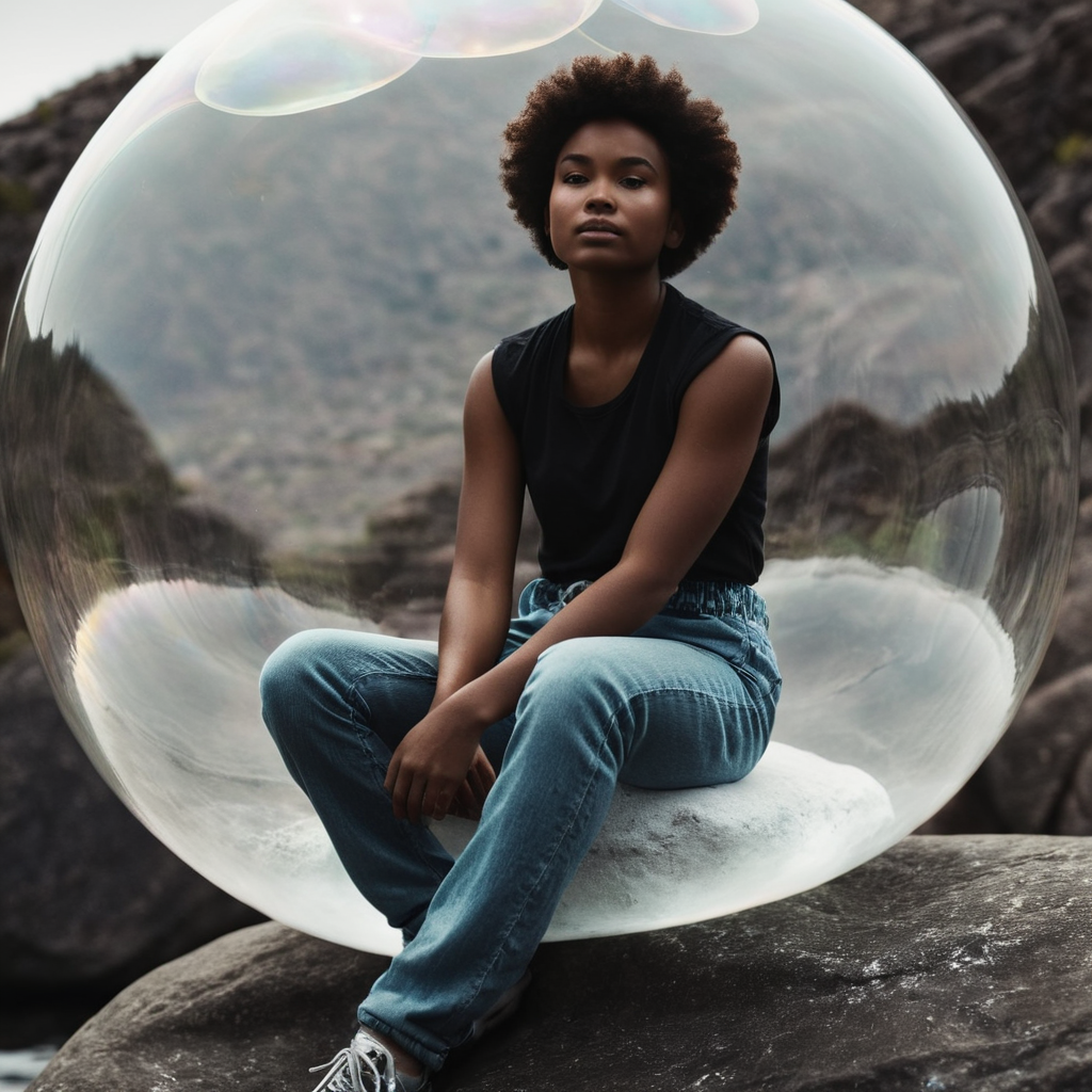cinematic film still of  <lora:Juxtaposition style:1>
Juxtaposition of a woman in a bubble sitting on a rock,solo,1boy,standing,monochrome,greyscale,female focus,pants,dark skin,reflection,hand in pocket Juxtaposition, artistic, photography, dramatic light, dramatic shadow light, contrast, saturated color, cinematic, filmic, photographic, realistic, realism, perfection, perfect, Juxtaposed, opposite, different things, side by side, syncretism, antithesis, Juxtaposition style, shallow depth of field, vignette, highly detailed, high budget, bokeh, cinemascope, moody, epic, gorgeous, film grain, grainy