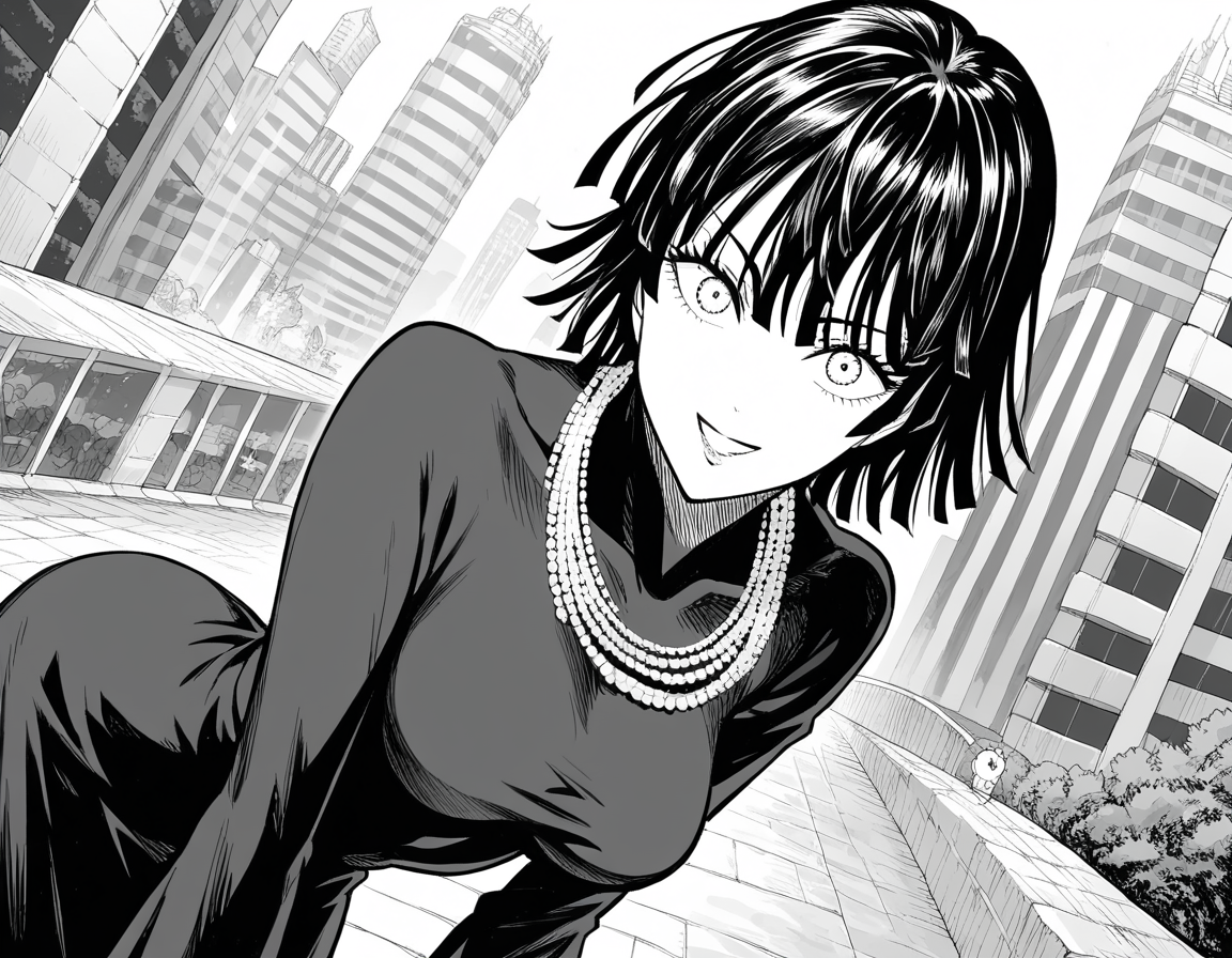 score_9, score_8_up, score_7_up, source_anime,
fubuki, <lora:opm-fubuki-manga-ponyxl-lora-nochekaiser:1>,
fubuki, fubuki \(one-punch man\), black hair, medium hair, monochrome, greyscale,
black dress, dress, high collar, jewelry, necklace, taut clothes, taut dress,
outdoors, cityscape, smile, bent over,
looking at viewer, cowboy shot, solo, dutch angle,
