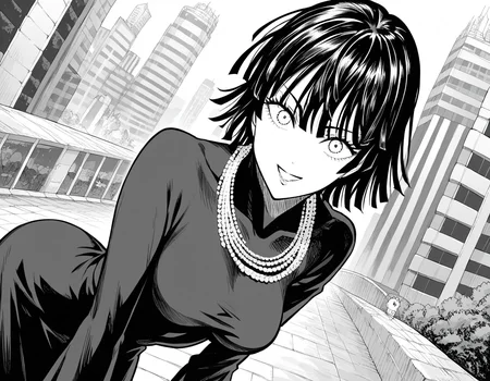 score_9, score_8_up, score_7_up, source_anime,
fubuki, <lora:opm-fubuki-manga-ponyxl-lora-nochekaiser:1>,
fubuki, fubuki \(one-punch man\), black hair, medium hair, monochrome, greyscale,
black dress, dress, high collar, jewelry, necklace, taut clothes, taut dress,
outdoors, cityscape, smile, bent over,
looking at viewer, cowboy shot, solo, dutch angle,