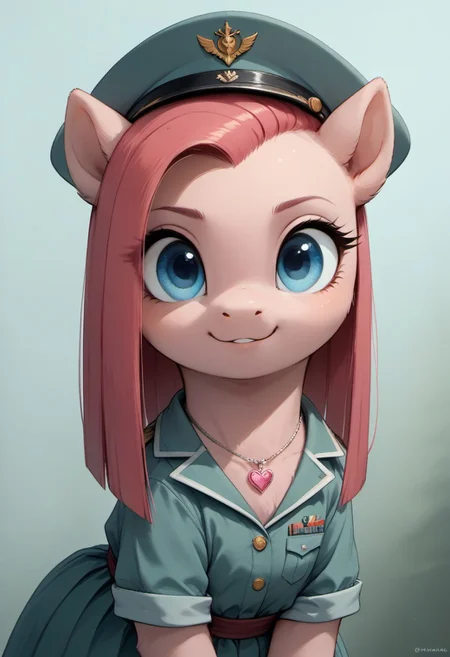score_9, score_8_up, score_7_up, score_6_up, score_5_up, score_4_up,
(((Pinkamena Diane Pie mlp ))), cute, (feral pony:1.2),pink fur, (blue eyes:1.3) pink military army uniform army hat, multicolored sash, pink amulet, devoted, (looking at you:1.3), standing