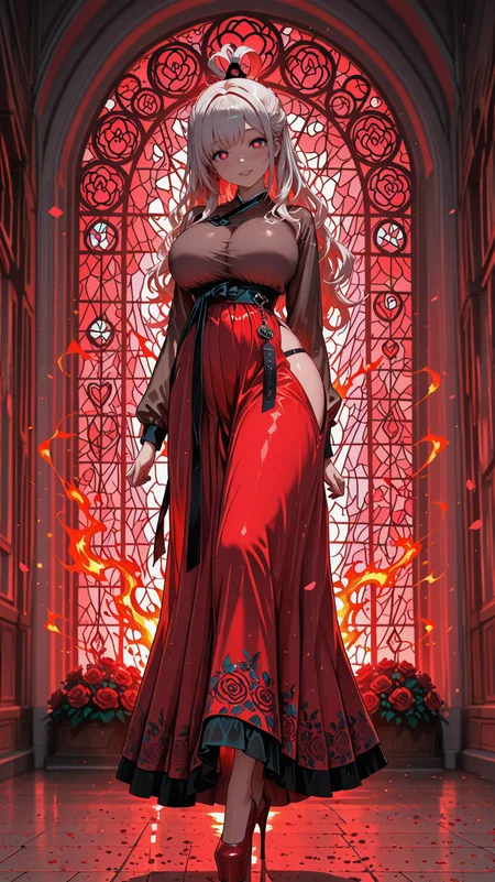 IllusP0s_1097608,  (masterpiece), (best quality), (ultra-detailed), amazing quality, very aesthetic, illustration, perfect composition, intricate details, absurdres, incredibly absurdres, BREAK,
hot attractive  girl,large breasts,  Romance,a woman choosing between her career and her love,pink flower, happy valentine, valentine,cherry blossoms, a woman falling for a man who is her lawyer,true love,love aura,
,see-through cleavage, solar-powered belt buckle,midday,red light ,sweet  atmosphere,heart,(many flaming heart):1.5,  heart-shaped pupils, love,(hanbok,korean clothes,clothed underbust,hanfu),ribbon,,love  symbol, floating heart,  heart circle,  hip armor, pink  , many red rose, 
she has long hair,hair over one breast,(wavy hair:1.2, ),grey hair,topknot, wig ,
 <lora:Heel_up_pose:1> heel up,<lora:Anime_Aesthetic_Wallpaper_Style_IllustriousXL:1> aniwall, anime, aesthetic, 8k wallpaper, detailed 
<lora:NSFWFilter_illusXL_Incrs_v1:-1>,(stained_glass,stained_glass_print,sglass style)