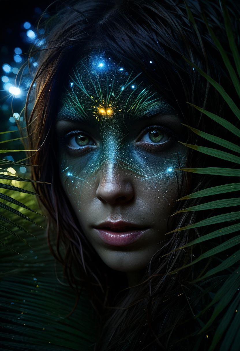 close-up face, mysterious silhouette of a woman, glowing fireflies illuminating her, night time palm trees, goddess, alluring, by Minjae Lee, Carne Griffiths, Emily Kell, Steve McCurry, Geoffroy Thoorens, Aaron Horkey, Jordan Grimmer, Greg Rutkowski, amazing depth, double exposure, surreal, geometric patterns, intricately detailed, bokeh,  perfect balanced, deep fine borders, artistic photorealism , smooth,  great masterwork by Suiras  <lora:add-detail-xl:2>  <lora:Double_Exposure:0.5>