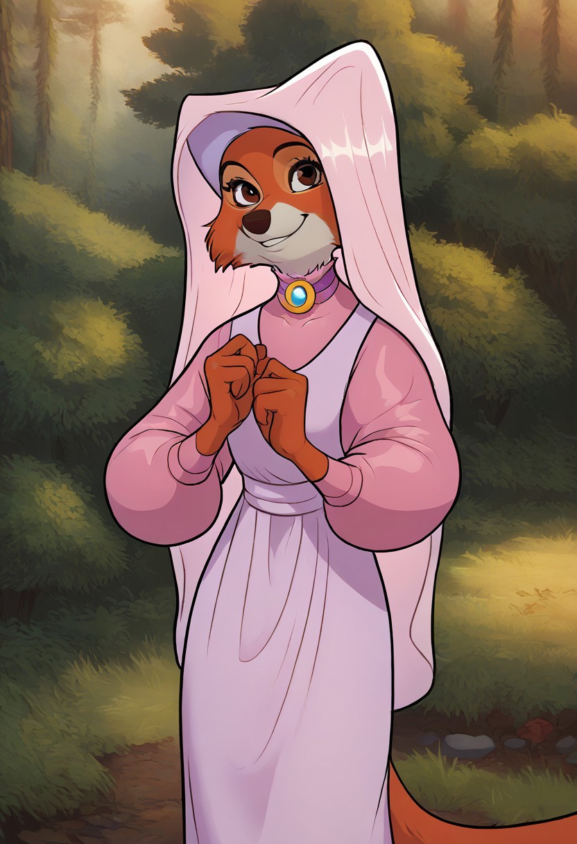 score_9, score_8_up, score_8_up, by minnosimmins, by hioshiru 1girl, solo, source_furry, maid_marian, pink headwear, pink dress, orange fur, smiling, looking at viewer, standing in a forest, sunlit, brown eyes
