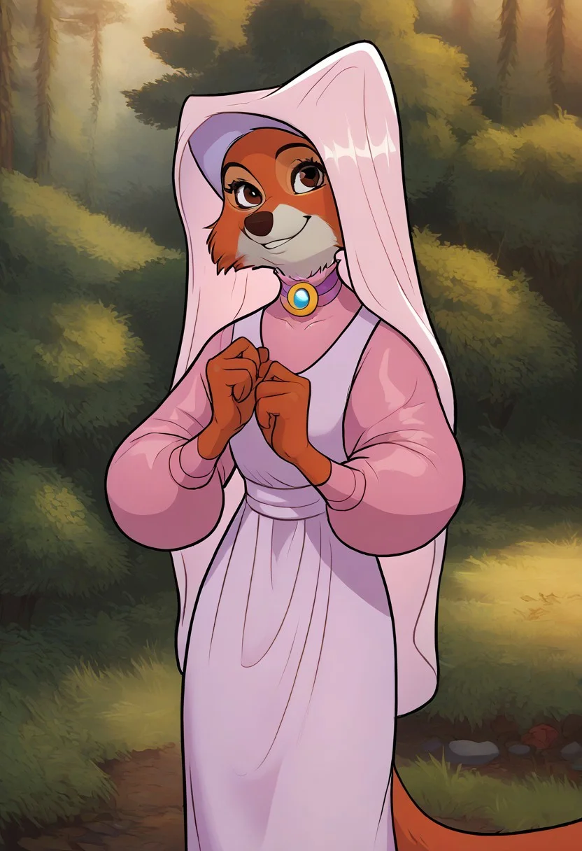 score_9, score_8_up, score_8_up, by minnosimmins, by hioshiru 1girl, solo, source_furry, maid_marian, pink headwear, pink dress, orange fur, smiling, looking at viewer, standing in a forest, sunlit, brown eyes