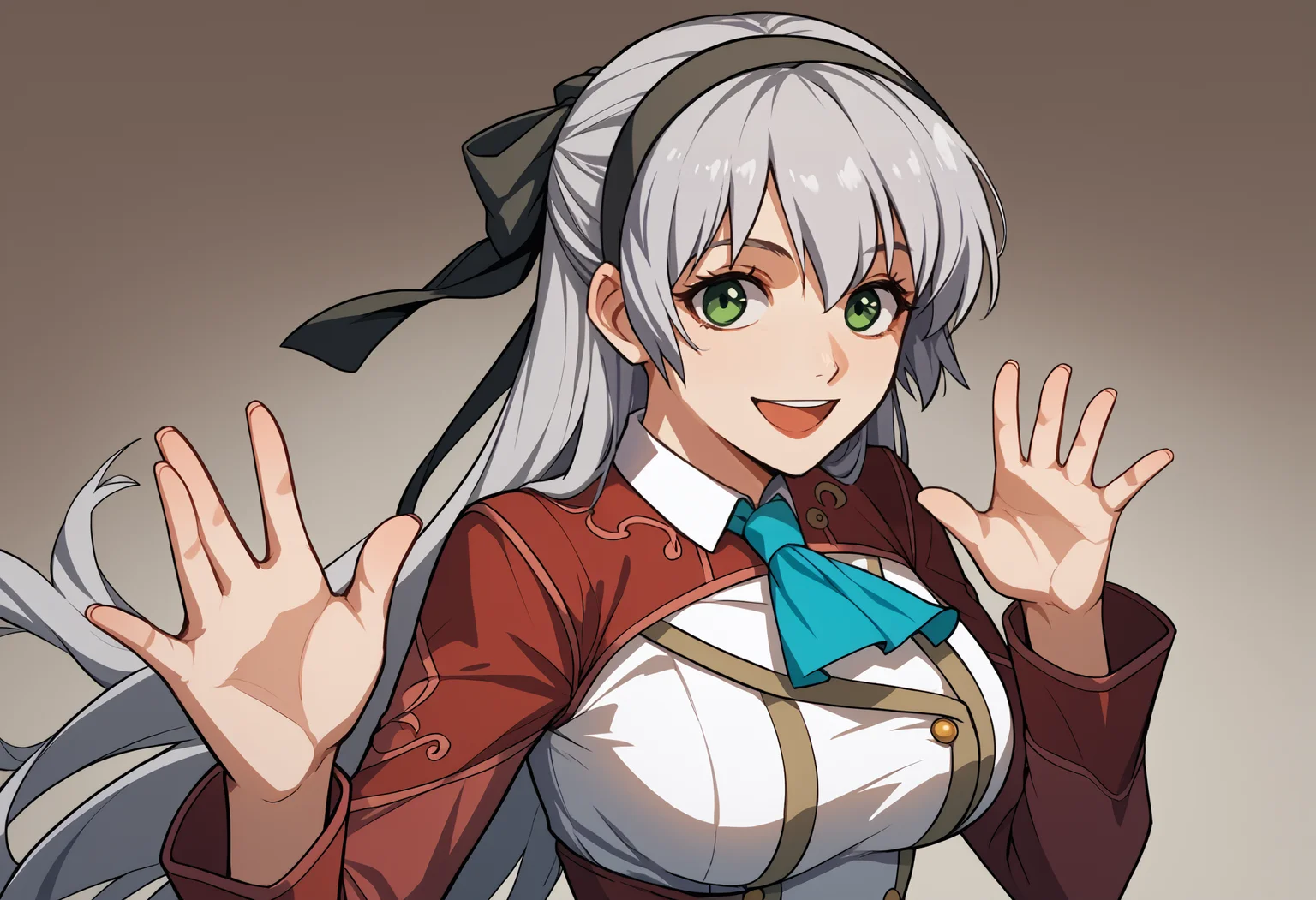 score_9, score_8_up, score_7_up, source_anime, <break> solo, 1girl, zeroelie, smile, open mouth, looking at you, fakemrbeast, hands up, grey hair, long hair, green eyes, black hairband, hair ribbon, black ribbon, red shrug top, blue ascot, white dress, large breasts
<segment:yolo-face_yolov8m.pt,0.4,0.5//cid=1>