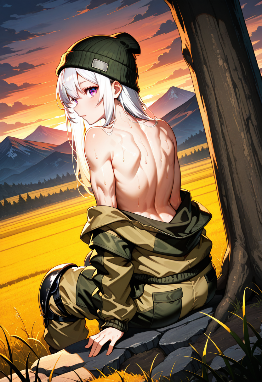 masterpiece, best quality, Graphic Design, color art, vibrant colors, colorful, intricate details, high contrast, detailed background, beautiful detailed, beautiful face, detailed eyes, detailed face, new, newest, 1girl, solo, white hair, g0rk4, military uniform, jacket, pants, camouflage, cowboy shot, field, dynamic pose, mountain, beanie, knee pads, evening, sunset, cloudy, dutch angle, looking at viewer, open jacket, off shoulder, sweat, sitting on ground, bare shoulders, muscular, bare back, topless, covering, under tree,