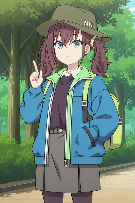 volumetric lighting, official style, amazing quality, ultra detailed, highres, detailed background, anime screenshot, anime screencap, anime coloring, masterpiece, detailed face,1girl <lora:Kurea_Furutachi__-20:0.9> Kurea_Furutachi, Kurea_Furutachi(Outfit 5), solo, green hat, skirt, outdoors, jacket, brown hair, twintails, shirt, collared shirt, hand in pocket, grey skirt, backpack, open clothes, closed mouth, looking at viewer, bag, open jacket, bangs, day, blue jacket, tree, scrunchie, long sleeves, hair between eyes, hand up, pantyhose, yellow scrunchie, index finger raised, blue eyes, hair scrunchie, green headwear with "NN"