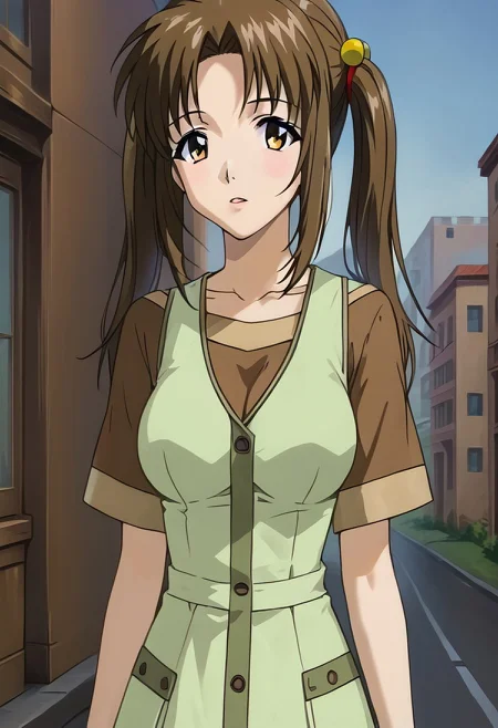 SCORE_9, SCORE_8_UP, SOURCE_ANIME, REALISTIC, BODY FOCUS, FULL BODY, PORTRAIT, BREAK, 1FEMALE, SOLO, YUNA WAKAO, BROWN HAIR, TWINTAILS, HAIRTIE, AMBER EYES, AMAZED, BROWN SHIRT, DRESS, ARMS, BREAK, SUNNY DAY, OUTSIDE, RIVER WALK, DIRT PATH, HIGH RESOLUTION, VIVID TEXTURES