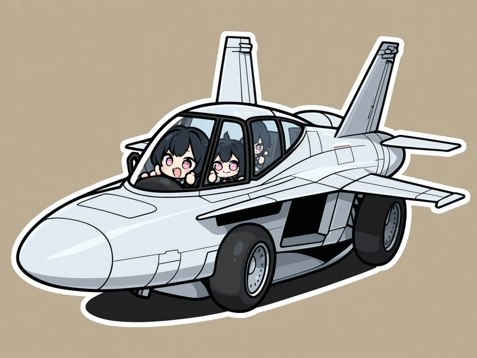 <lora:FA-18_Illustrious:1.0>,f/a-18, (chibi style), rounded proportions, bright cel-shading, cockpit windows as cute eyes, thumbs-up gesture, thick white outline, transparent background look, collectible die-cut sticker concept, playful mood, masterpiece, best quality, amazing quality