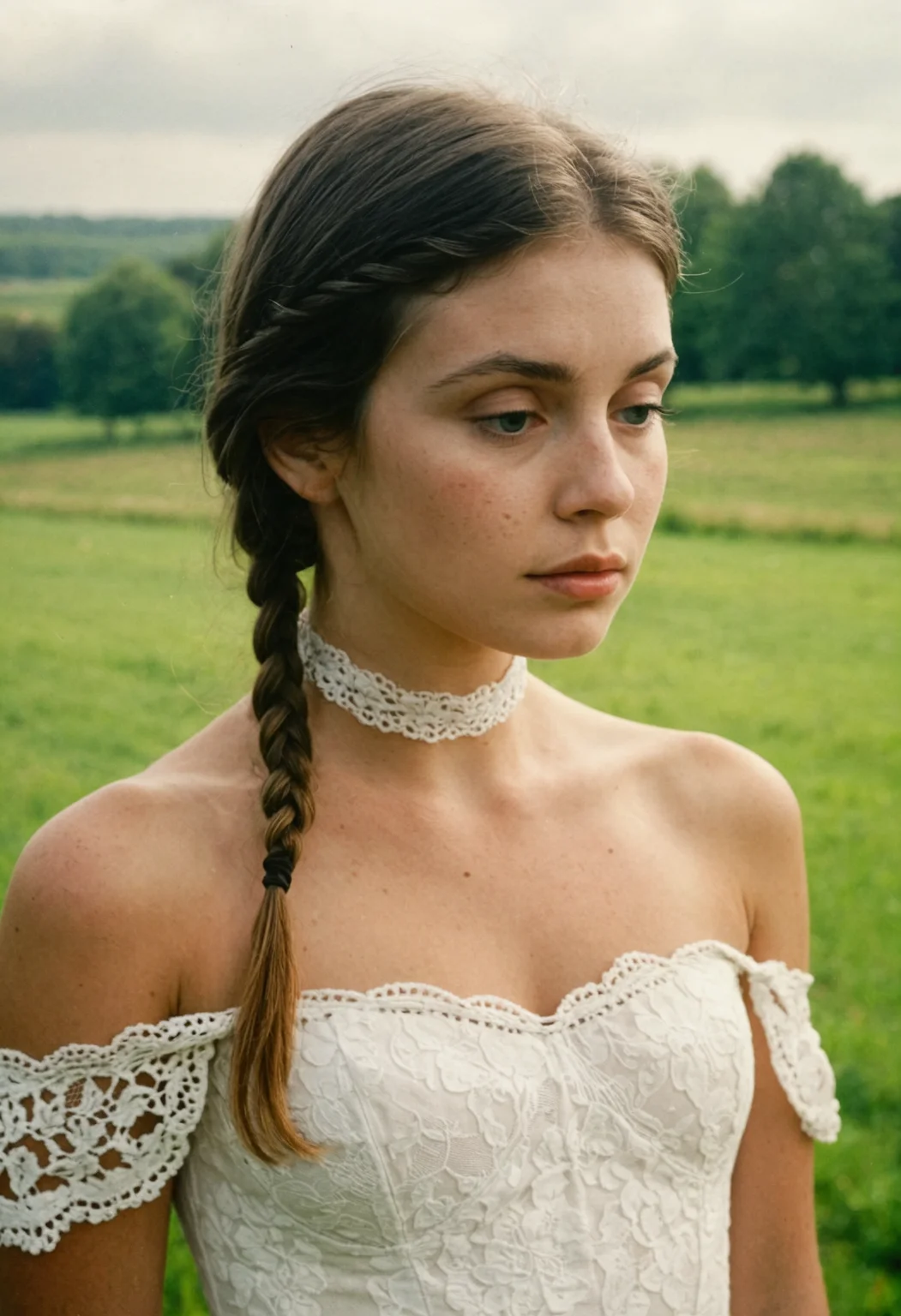 portrait, masterpiece, 4k, ray tracing, intricate details, highly-detailed, hyper-realistic, 8k RAW Editorial Photo.
The image is a high-resolution photograph featuring a young woman standing outdoors against a blurred rural landscape. The subject is positioned centrally in the frame, facing the camera with a neutral expression. She has fair skin and her brown hair is styled in a delicate side braid, with loose strands framing her face. Her makeup is minimal, emphasizing her natural beauty. She wears a sleeveless, off-the-shoulder white gown adorned with intricate floral lace detailing, which extends to her upper arms. The lace adds a touch of elegance and femininity to the dress. The neckline is high, and she wears a thin, white choker around her neck. The background features a lush, green field with scattered trees, providing a serene and natural setting. The sky is overcast, casting a soft, diffused light over the scene, enhancing the softness of the image. The photograph captures a blend of classic and contemporary styles, with a focus on the subject's delicate beauty and the tranquil countryside as the backdrop. <lora:epiCRealnessRC1:1>
cinematic light, dramatic light, shallow depth of field, high budget, bokeh, cinemascope, film grain ISO 200 faded film, 35mm photo, grainy, vignette, vintage, Kodachrome, Lomography, stained, highly detailed, found footage