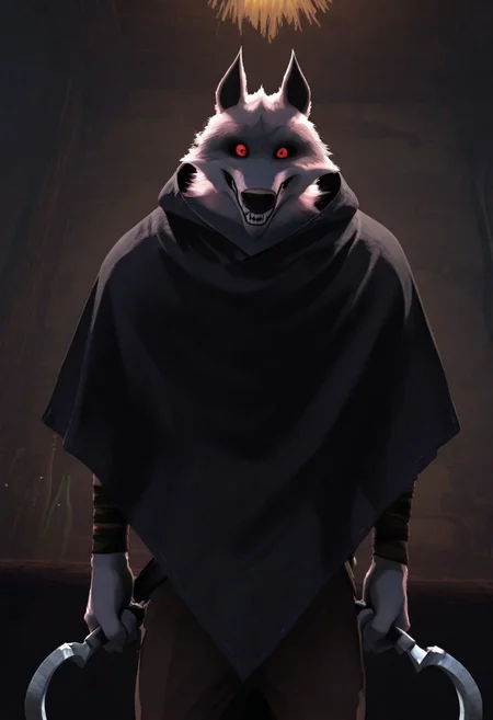 masterpiece, best quality, amazing quality, very aesthetic, absurdres, newest,  high quality, detailed, male, solo male, DeathWolf, 1boy, mature male, male, athletic build, anthro, wolf, white fur, animal ears, red eyes, black sclera, black cloak, bandages on arms, looking at viewer, grinning, indoors, bar (place), dual wield, dark theme, eye shine, standing, brown pants, holding sickles, hands down by sides, horror (theme)