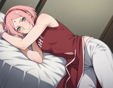 score_9, score_8_up, score_7_up, source_anime,
sakuraharuno, <lora:sakura-haruno-boruto-anime-ponyxl-lora-nochekaiser:1>,
sakura haruno, short hair, green eyes, pink hair, hairband, facial mark, forehead mark, red hairband,
navel, bare shoulders, jewelry, sleeveless, pants, bracelet, dress, red dress,
indoors, bed, bed room, on side, blush, drunk,
solo, dutch angle, looking at viewer, cowboy shot,