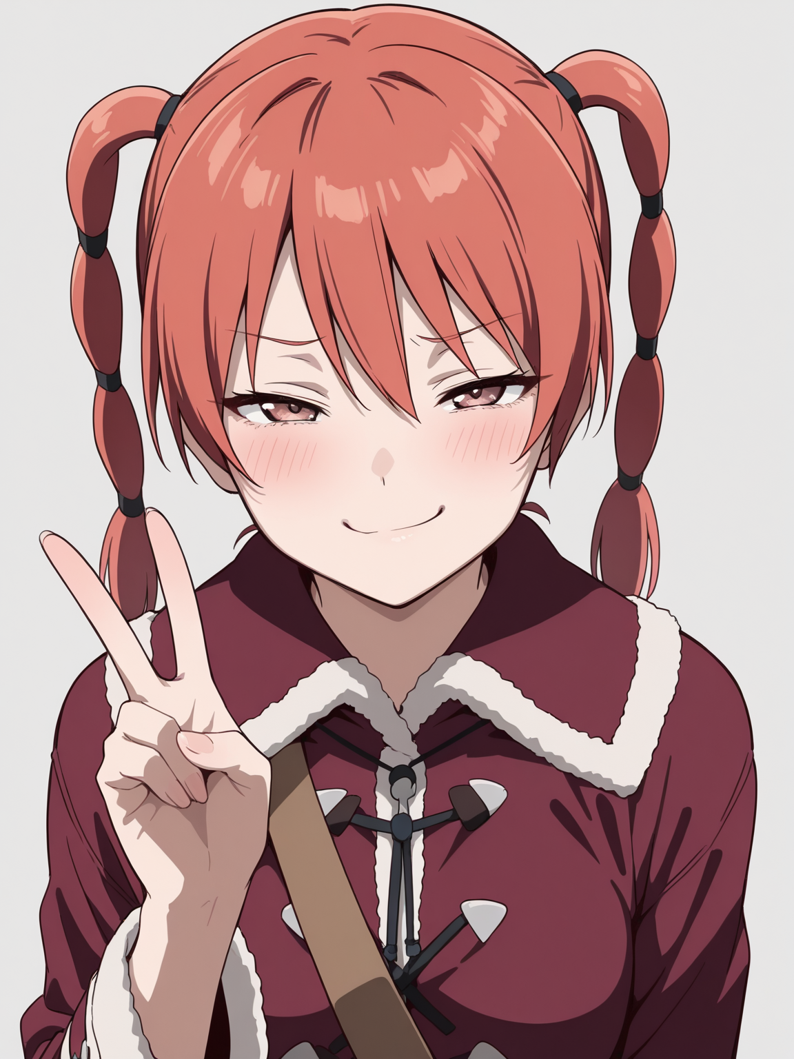 best quality, amazing quality, very aesthetic, absurdres, masterpiece, <lora:Ran_Theoria_ILXLv0:0.9> ran_theoria, coat, (smug:1.1), upper body, peace sign,